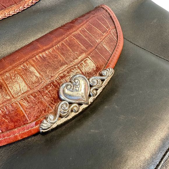 Brighton 80's Leather Shoulder Bag Black/Brown Braided Handles, silver metal - Picture 5 of 12